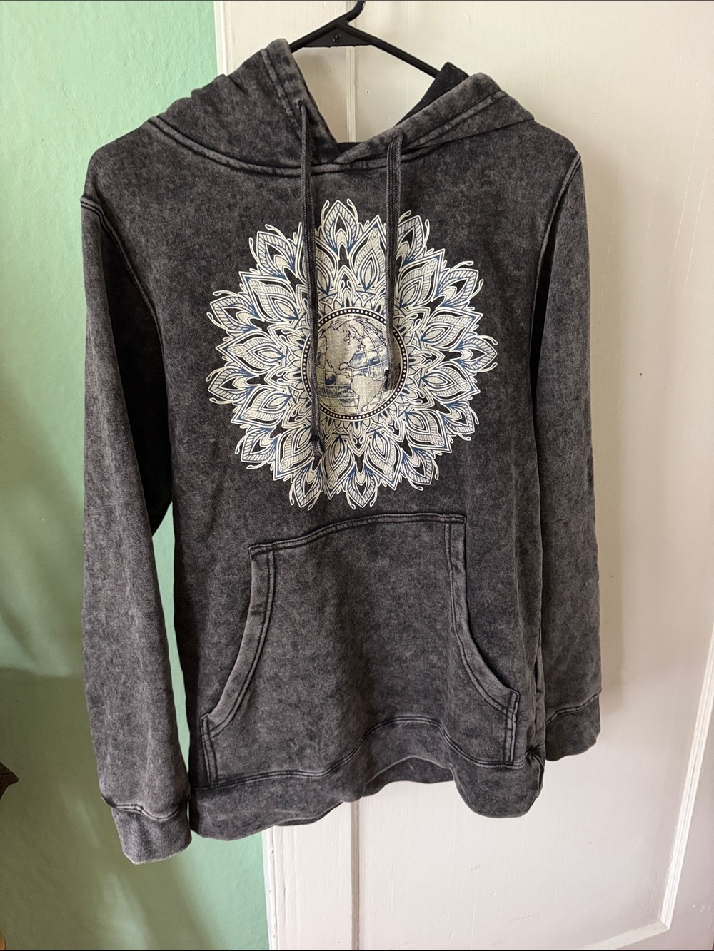 RythMatix Black Washed Hoodie with White Mandala Print size small